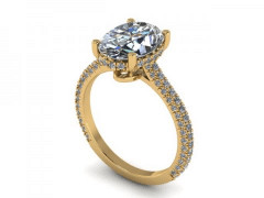 A yellow gold engagement ring with an oval cut diamond.