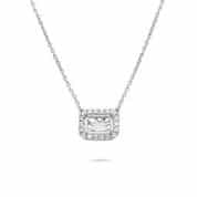 A white gold necklace with a square cut diamond.