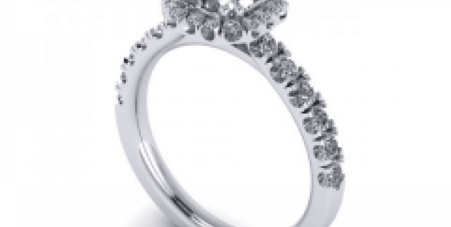 A white gold engagement ring with a center diamond