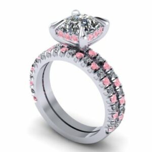 A white gold ring with pink and black diamonds