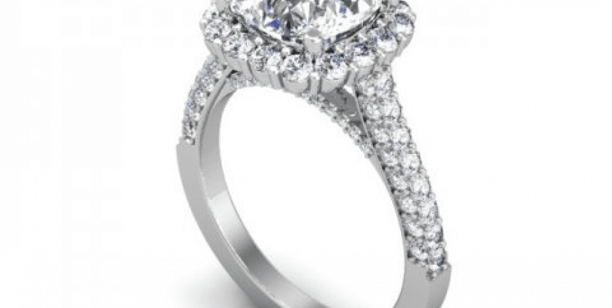 A diamond engagement ring with a halo setting.