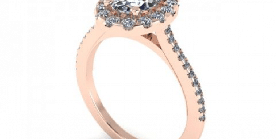 A rose gold diamond halo engagement ring.