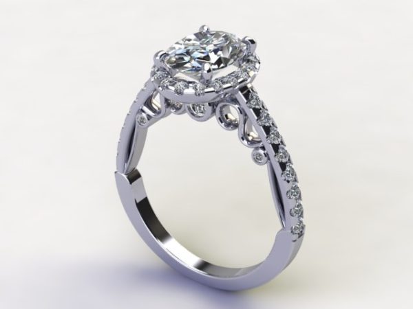 An oval diamond engagement ring with a halo.