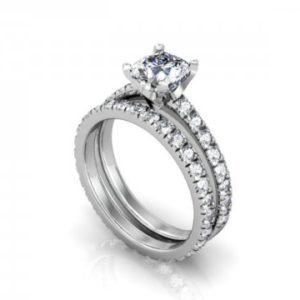 A white gold engagement ring set with diamonds.