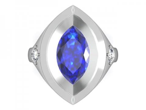 upper view of Blue Sapphire gemstone in the middle of a Diamond Engagement Ring - Shira Diamonds Dallas