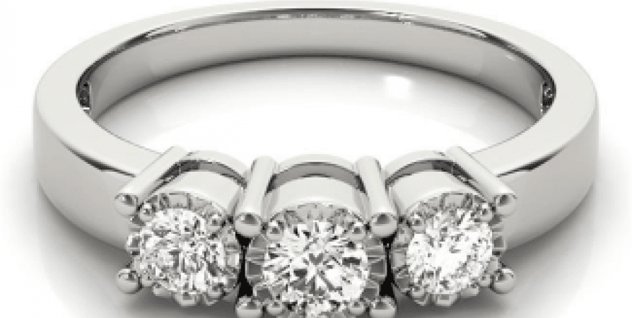 A three stone diamond ring on a white background