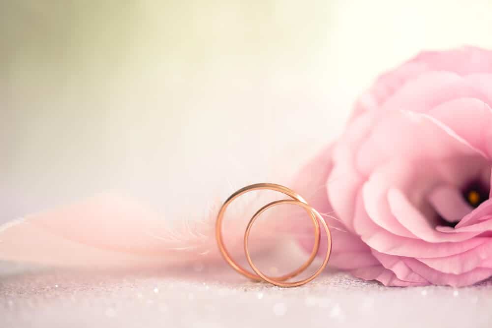 Premium Photo | A pair of gold wedding rings with a rose in the background.